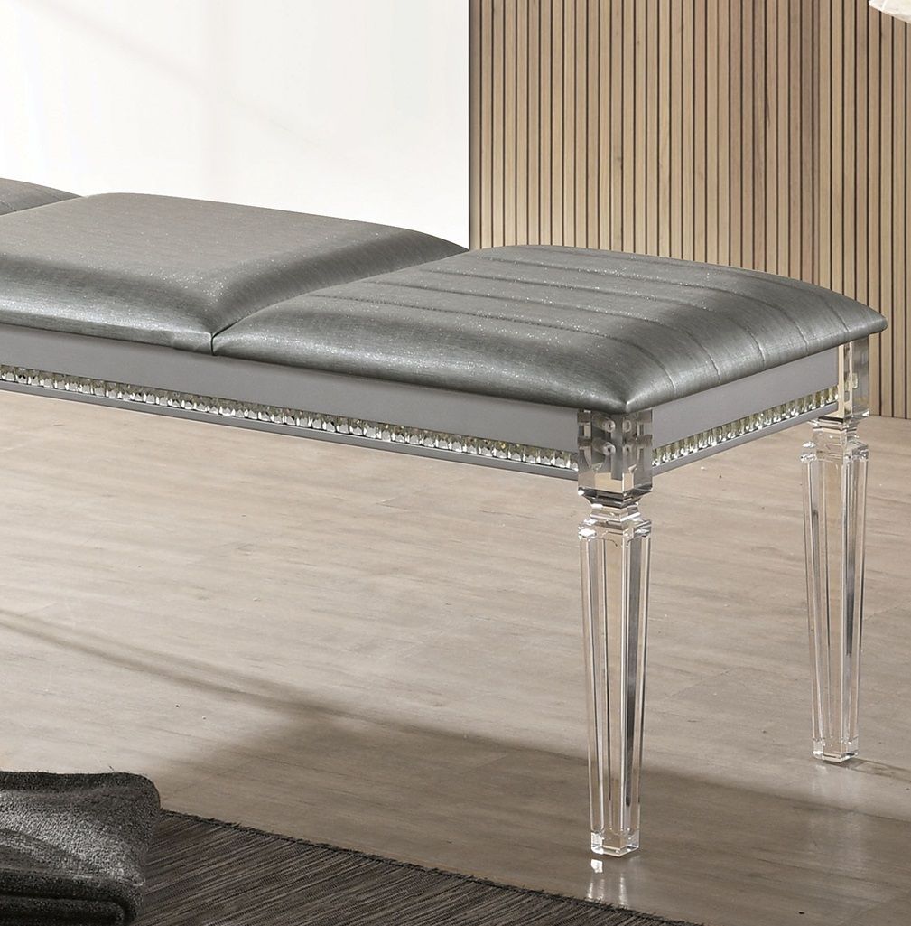 Antique Classic Silver 1pc Bench Only Contemporary Solid wood Acrylic Legs Crystal And Mirror Accent image 7