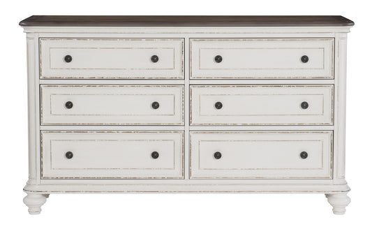 Antique white and brown gray 6-drawer dresser with black knobs - front view