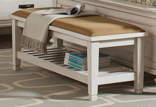 Antique White Bench with upholstered cushion and slatted storage shelf - front view