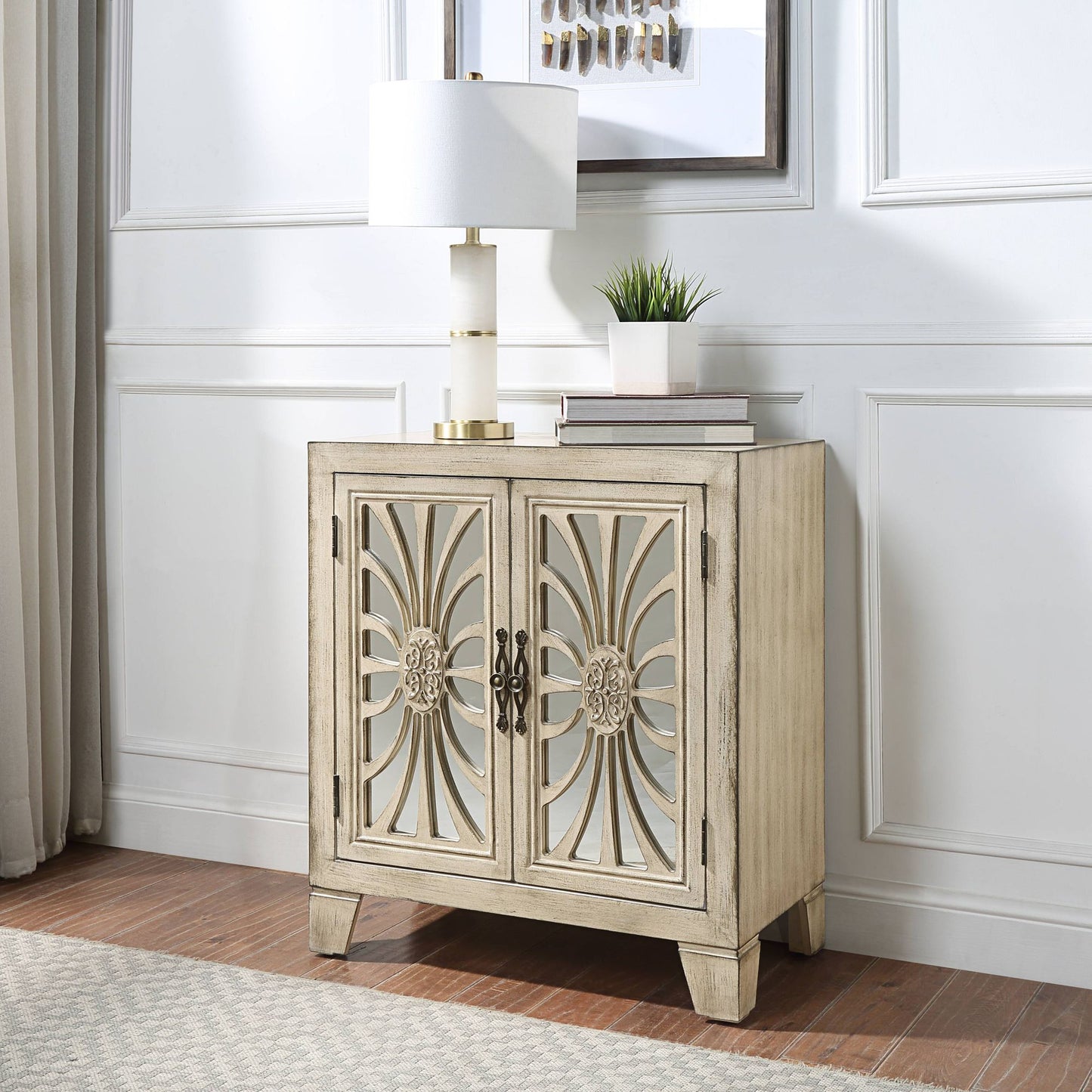 Antique White Console Table with Mirrored Doors image 1