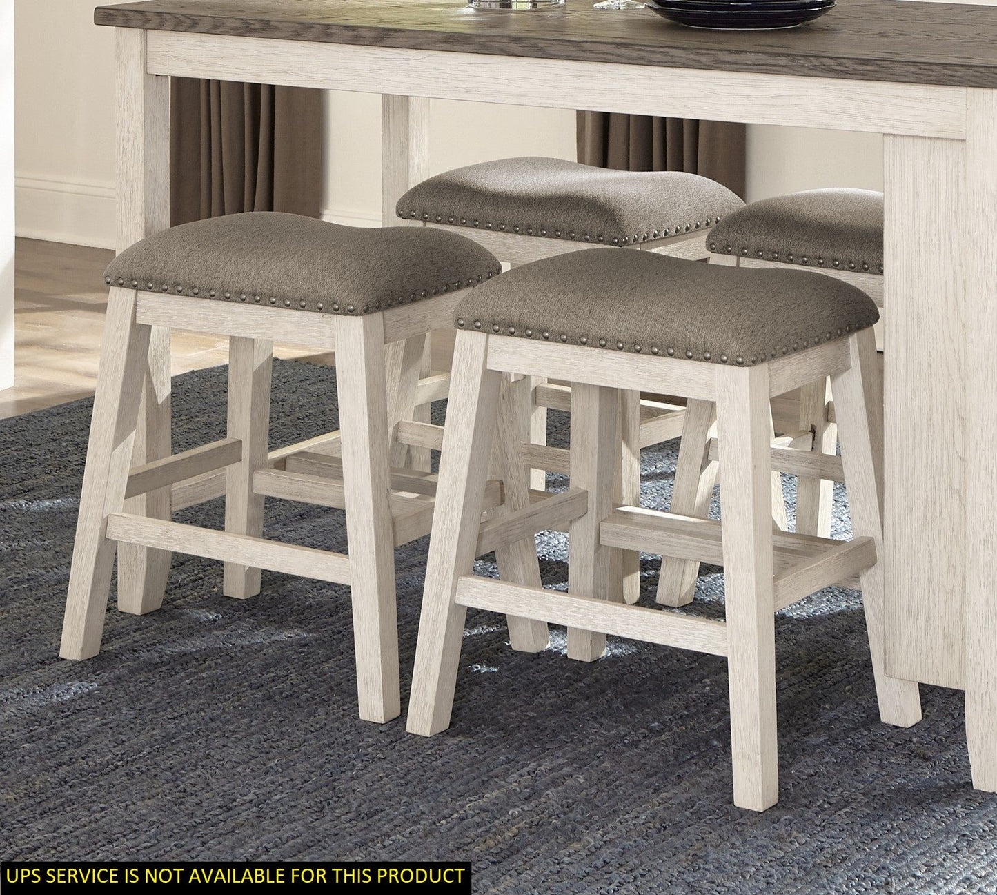 Antique White Finish Set of 2 Counter Height Barstool Brown Textured Fabric Upholstered Nailhead Trim Casual Dining Furn image 1