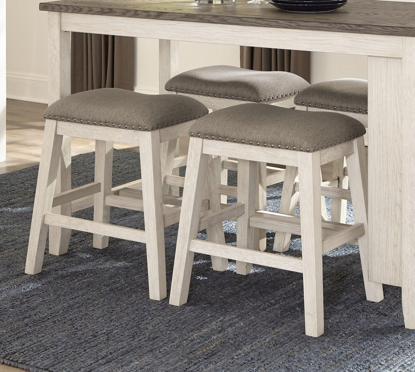 Antique White Finish Set of 2 Counter Height Barstool Brown Textured Fabric Upholstered Nailhead Trim Casual Dining Furn image 4