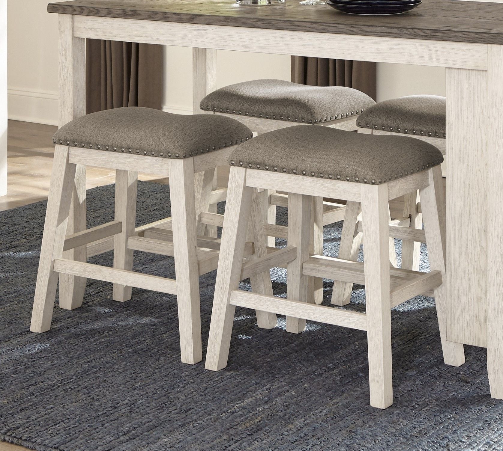 Antique White Finish Set of 2 Counter Height Barstool Brown Textured Fabric Upholstered Nailhead Trim Casual Dining Furn image 4