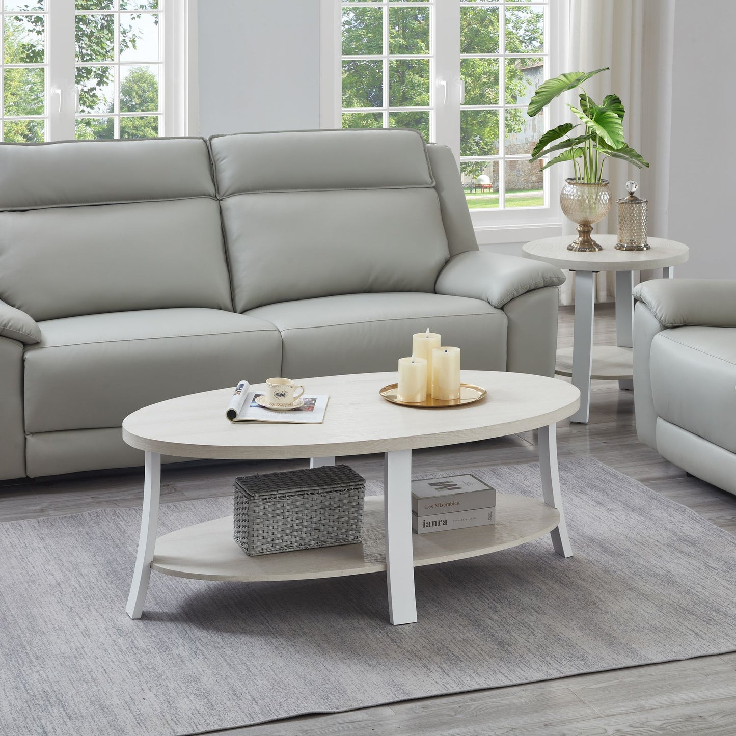 Anze Contemporary Oval Wood Shelf 3-Piece Coffee Table Set image 3