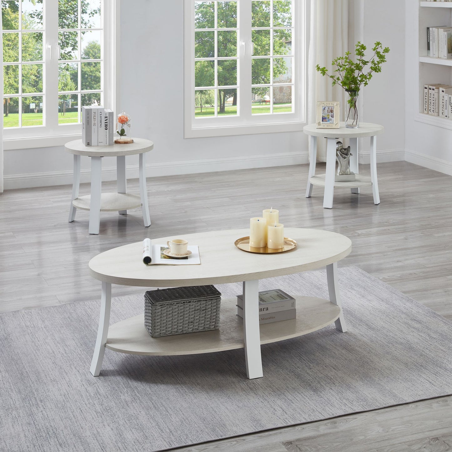 Anze Contemporary Oval Wood Shelf 3-Piece Coffee Table Set image 1