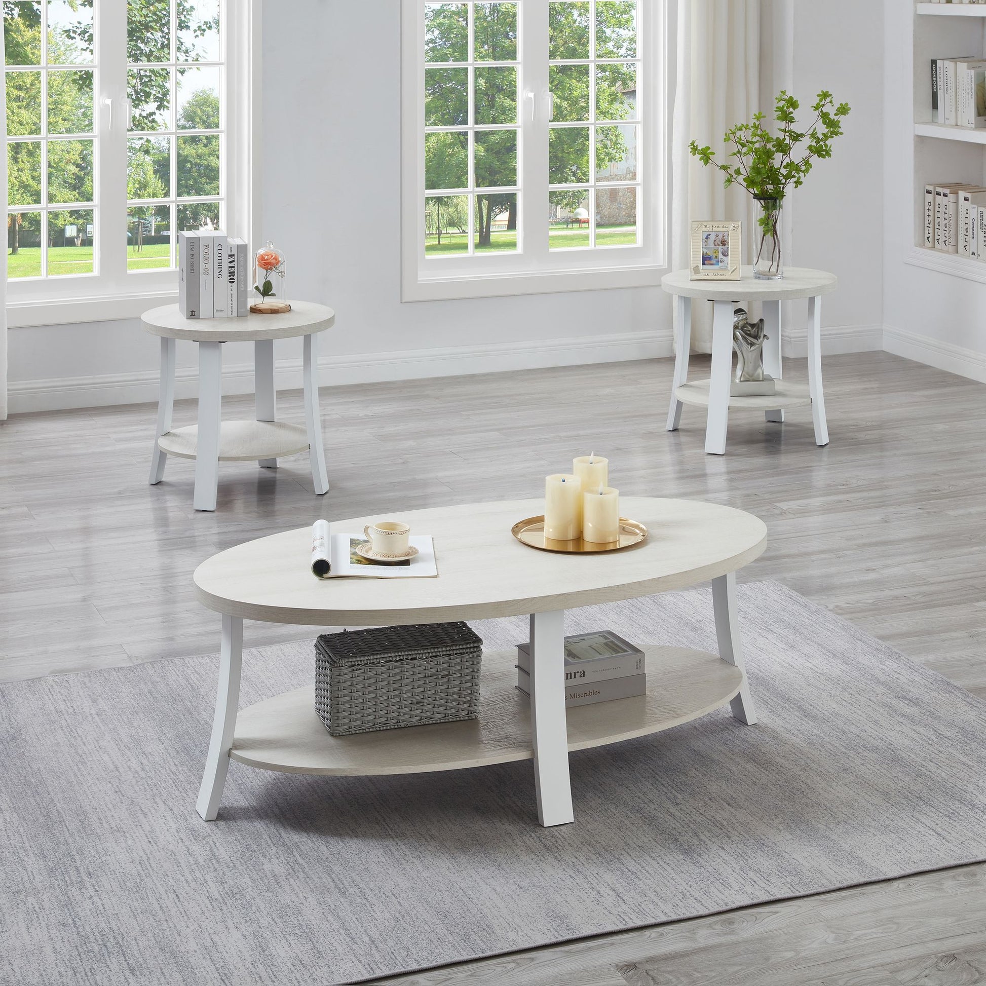 Anze Contemporary Oval Wood Shelf 3-Piece Coffee Table Set image 1