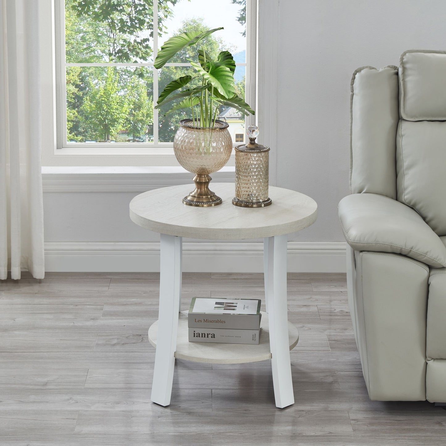 Anze Contemporary Round Wood Shelf End Table in White Finish image 2