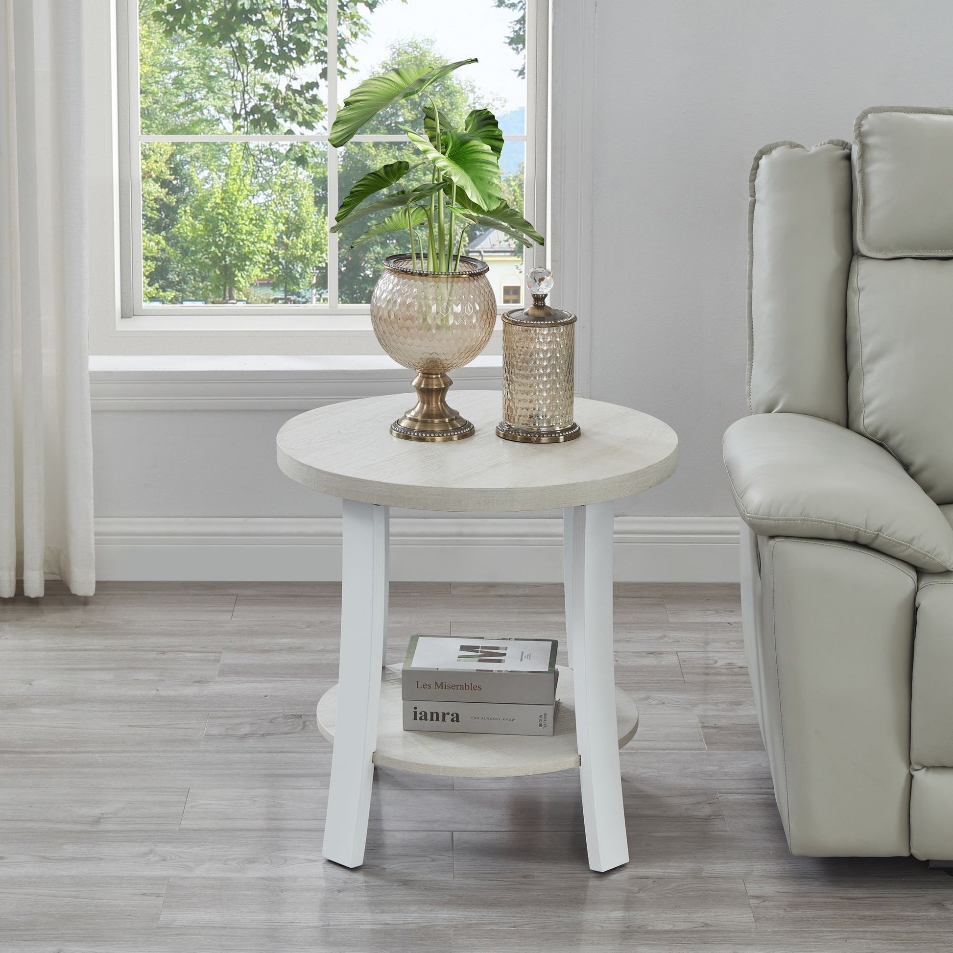 Anze Contemporary Round Wood Shelf End Table in White Finish image 2