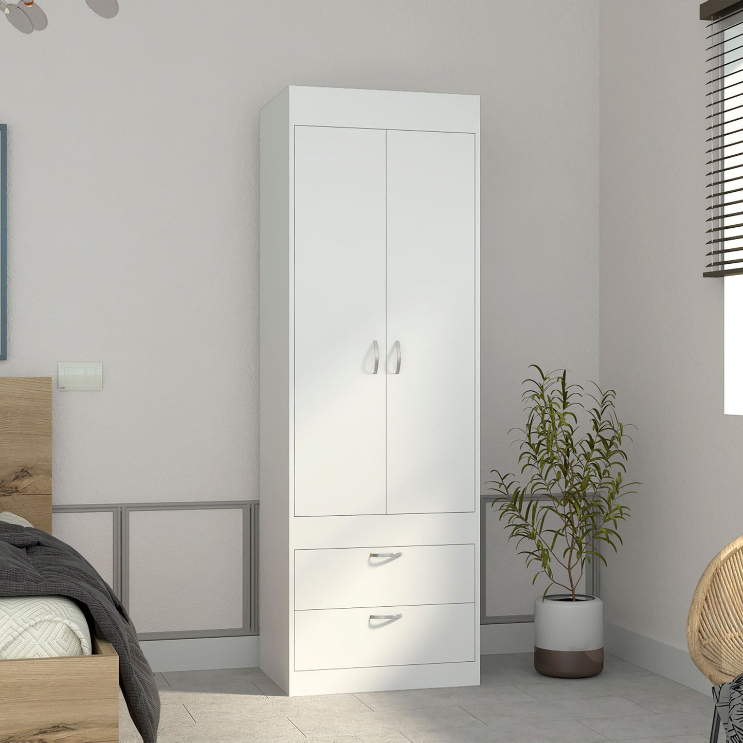 Armoire 70H", Double Door Cabinet, Two Drawers, Metal Handles, Rod, White image 1