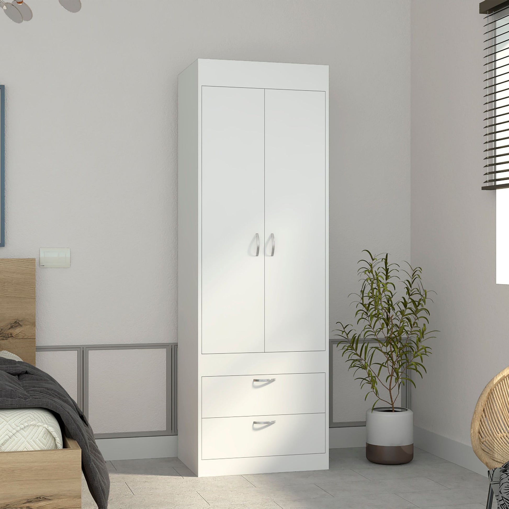 Armoire 70H", Double Door Cabinet, Two Drawers, Metal Handles, Rod, White image 1