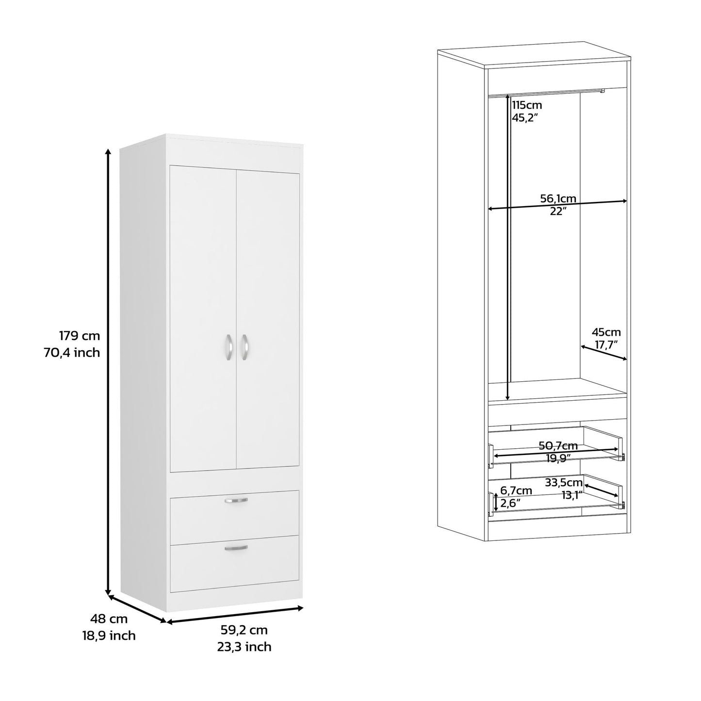 Armoire 70H", Double Door Cabinet, Two Drawers, Metal Handles, Rod, White image 5
