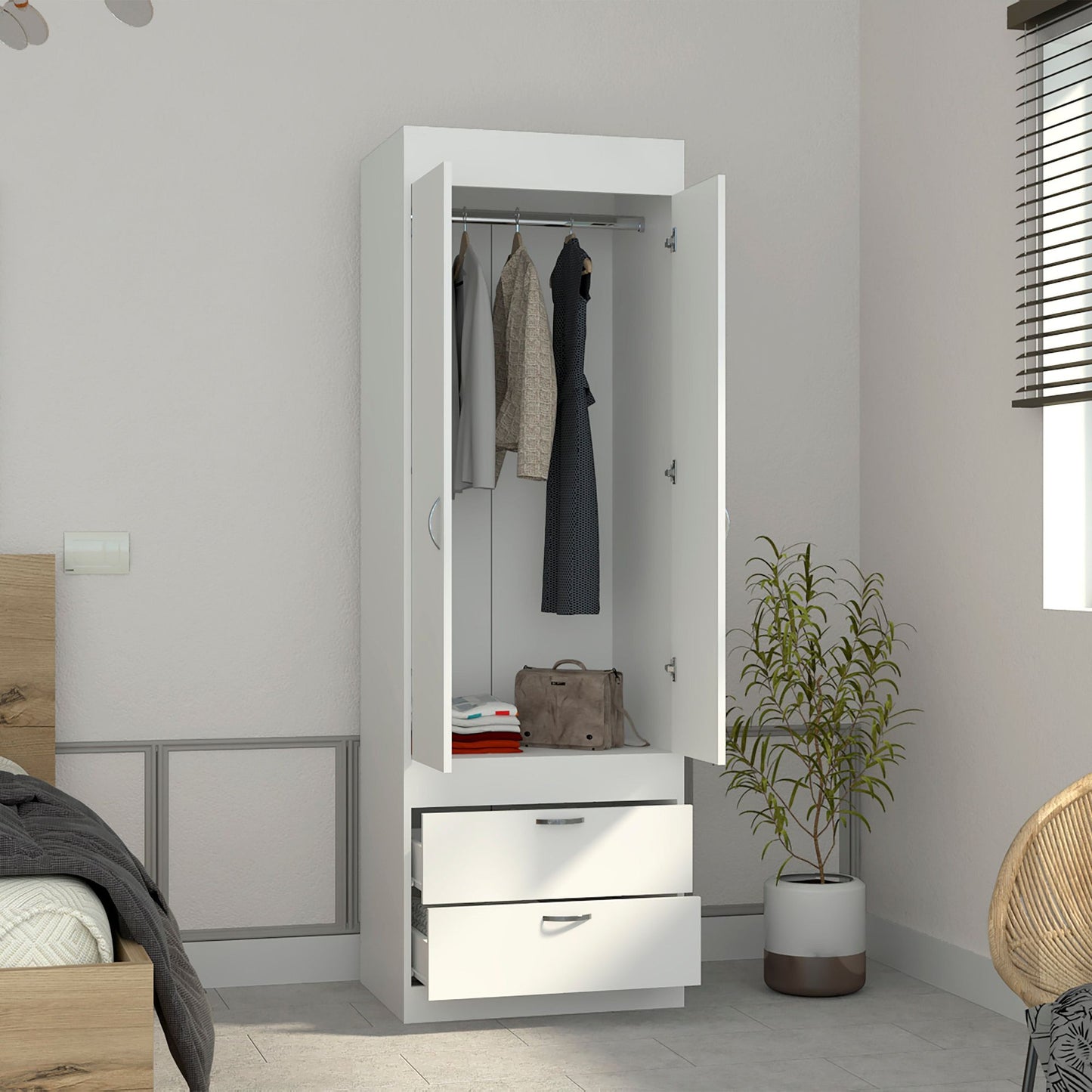 Armoire 70H", Double Door Cabinet, Two Drawers, Metal Handles, Rod, White image 2