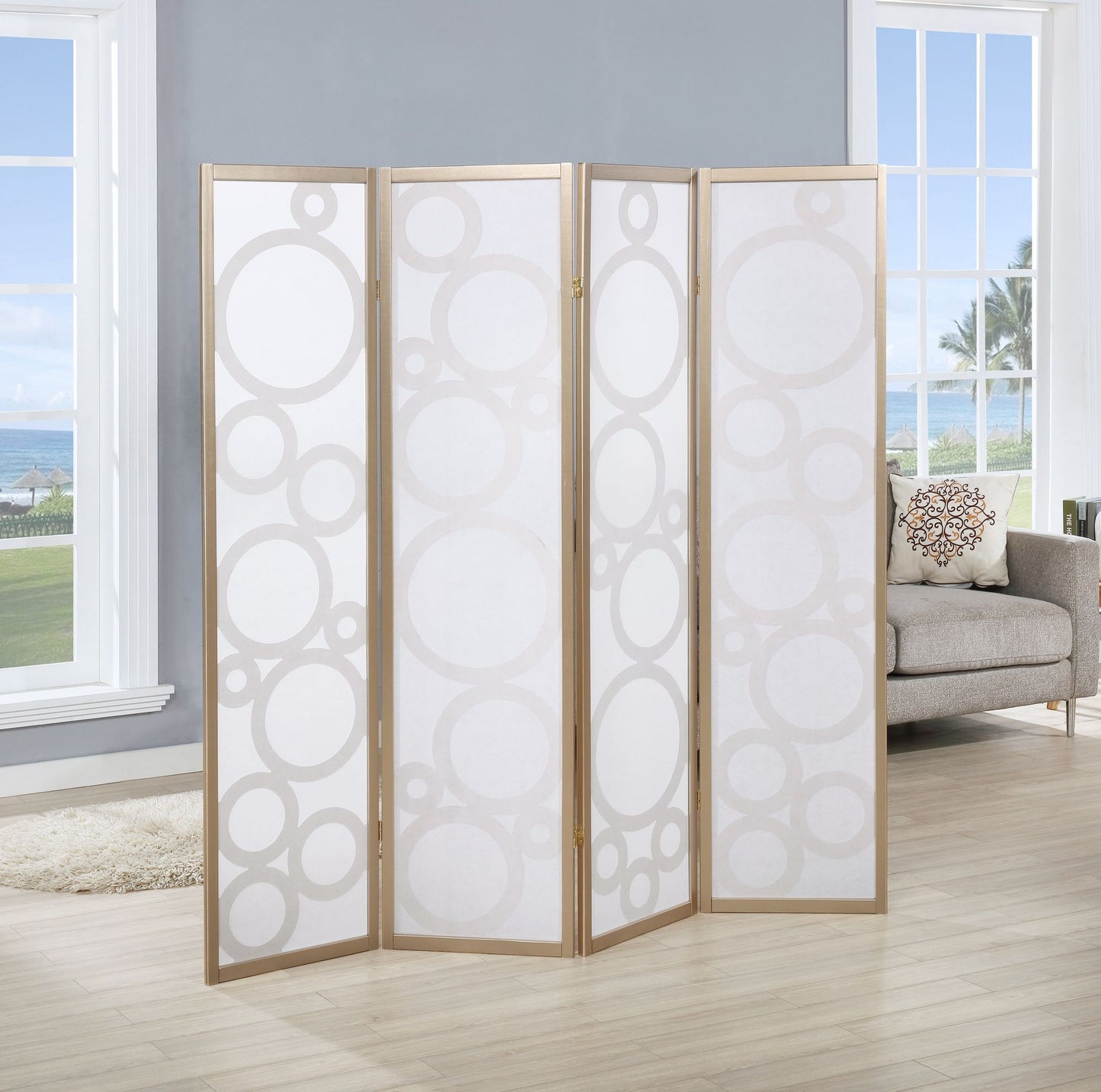 Arvada 4-Panel Wood Room Divider with Circle Pattern, Gold image 2