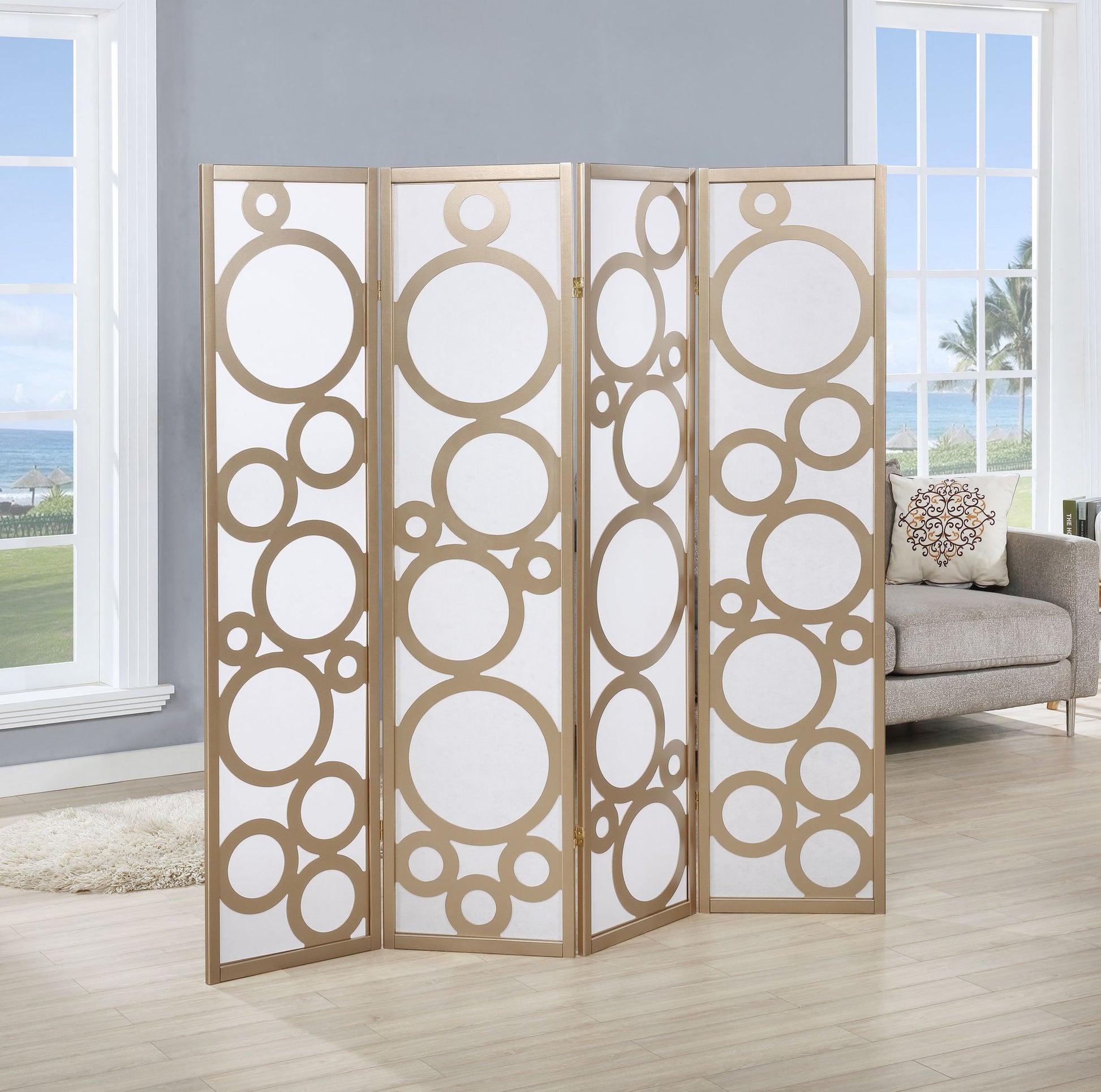 Arvada 4-Panel Wood Room Divider with Circle Pattern, Gold image 1