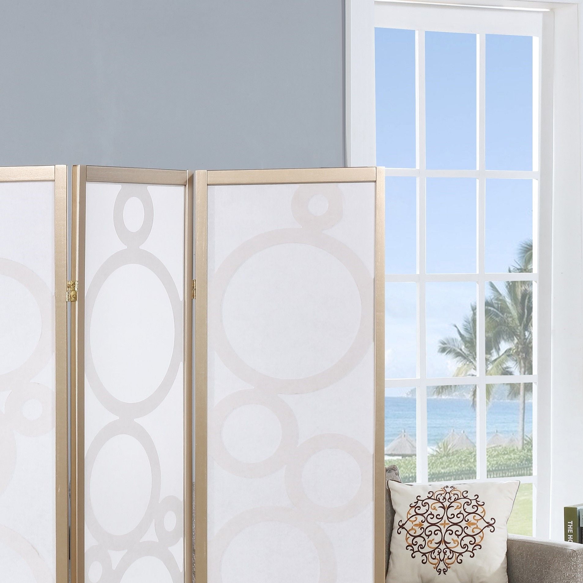 Arvada 4-Panel Wood Room Divider with Circle Pattern, Gold image 5