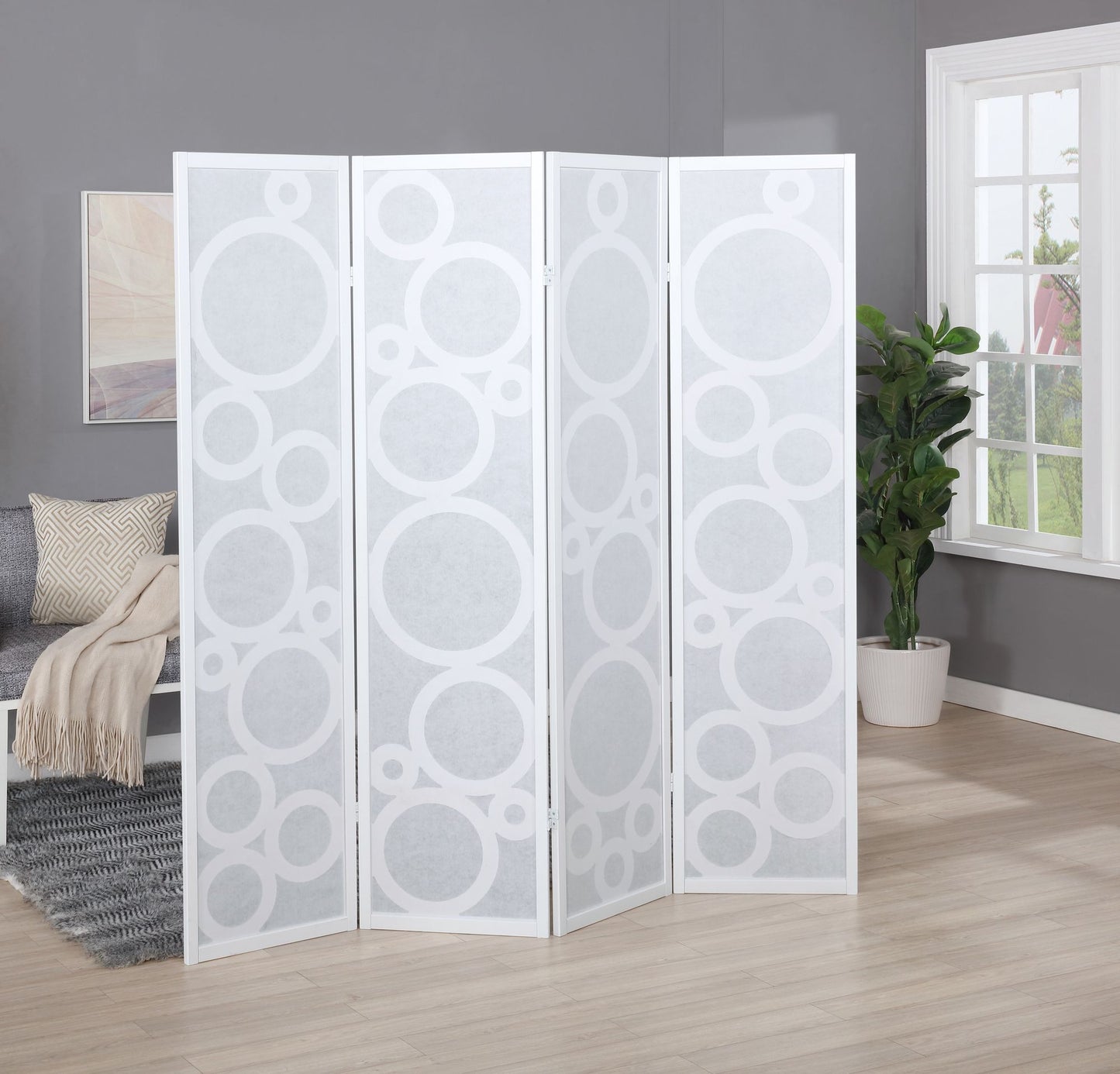 Arvada 4-Panel Wood Room Divider with Circle Pattern, White image 2