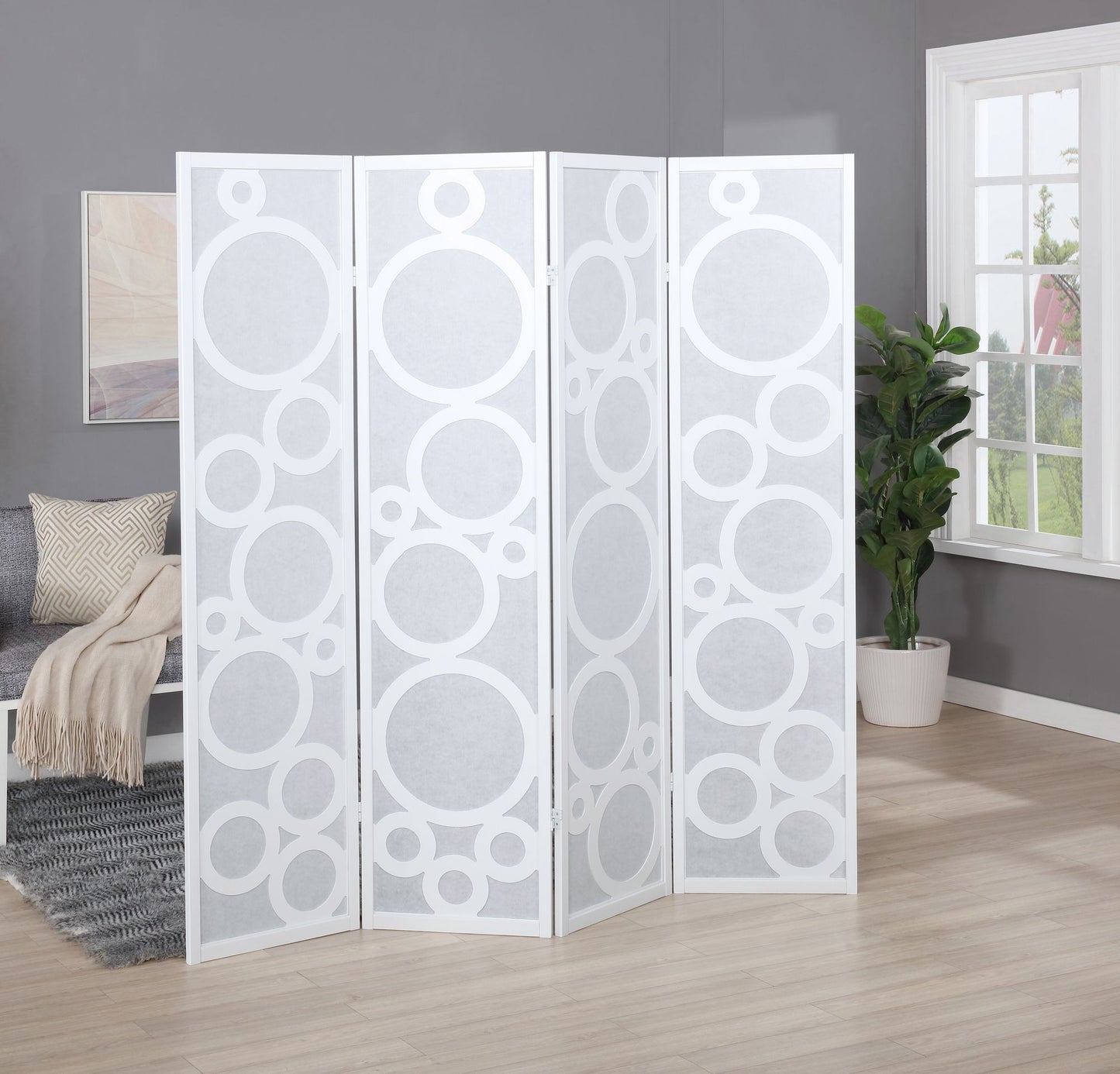 Arvada 4-Panel Wood Room Divider with Circle Pattern, White image 1