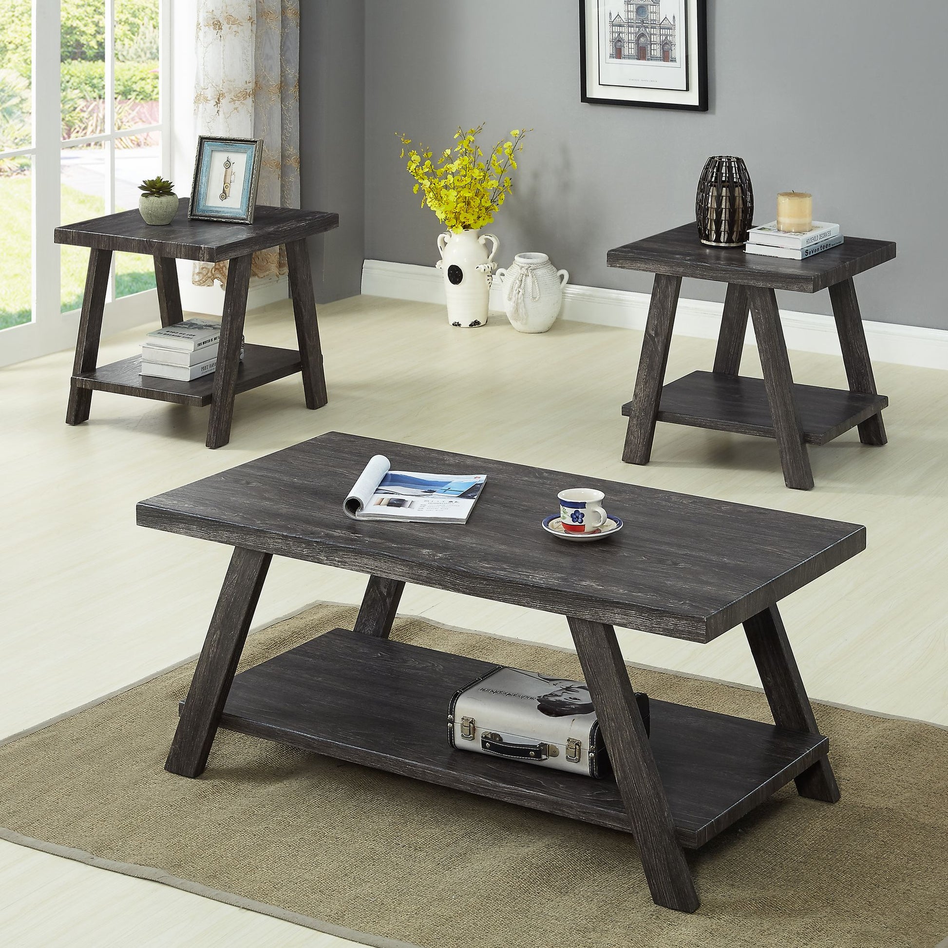 Athens Contemporary Replicated Wood Shelf Coffee Set Table in Charcoal Finish image 1