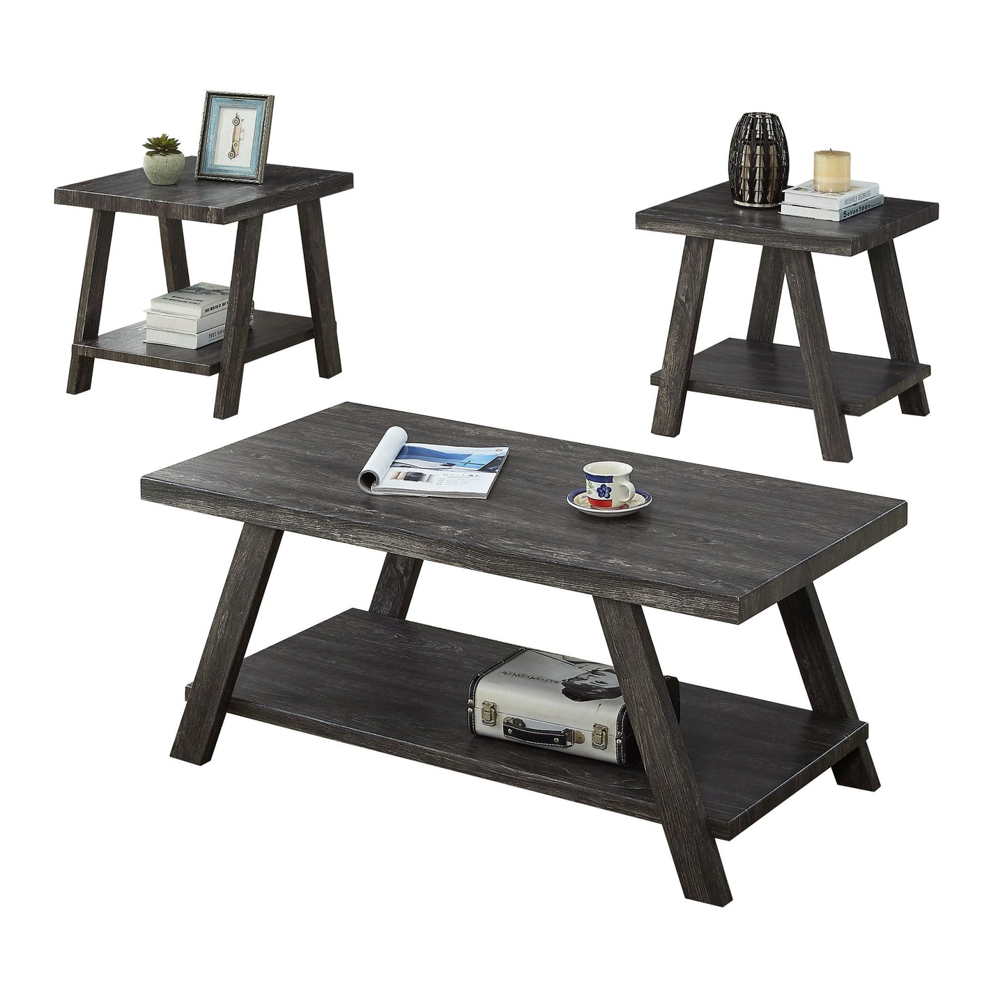 Athens Contemporary Replicated Wood Shelf Coffee Set Table in Charcoal Finish image 3