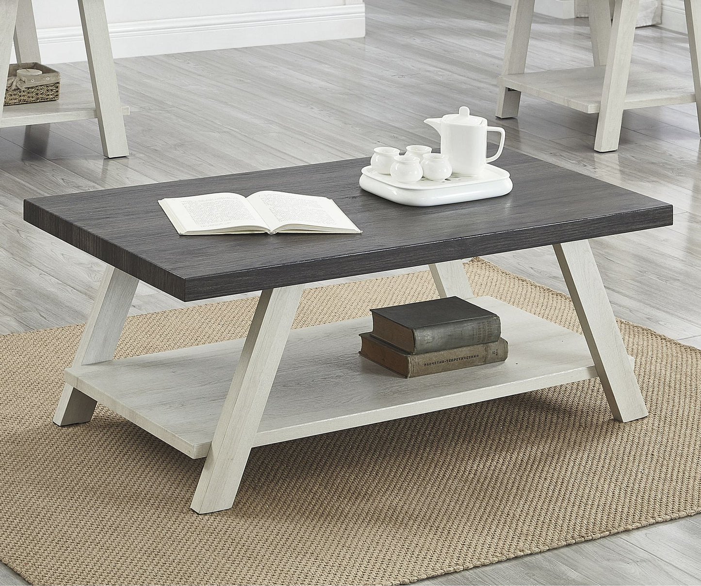 Athens Contemporary Two-Tone Wood Shelf Coffee Table in Weathered Charcoal and Beige image 2