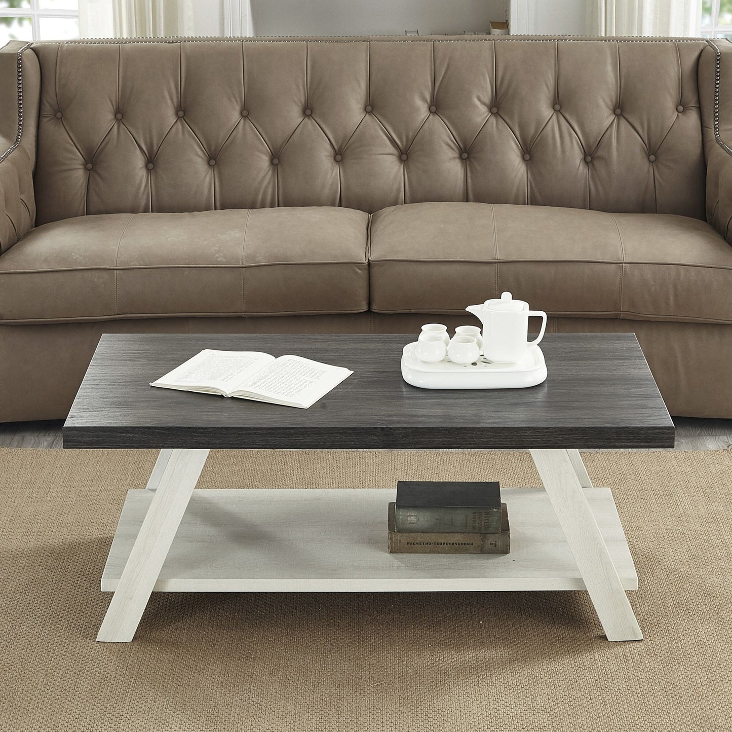 Athens Contemporary Two-Tone Wood Shelf Coffee Table in Weathered Charcoal and Beige image 1