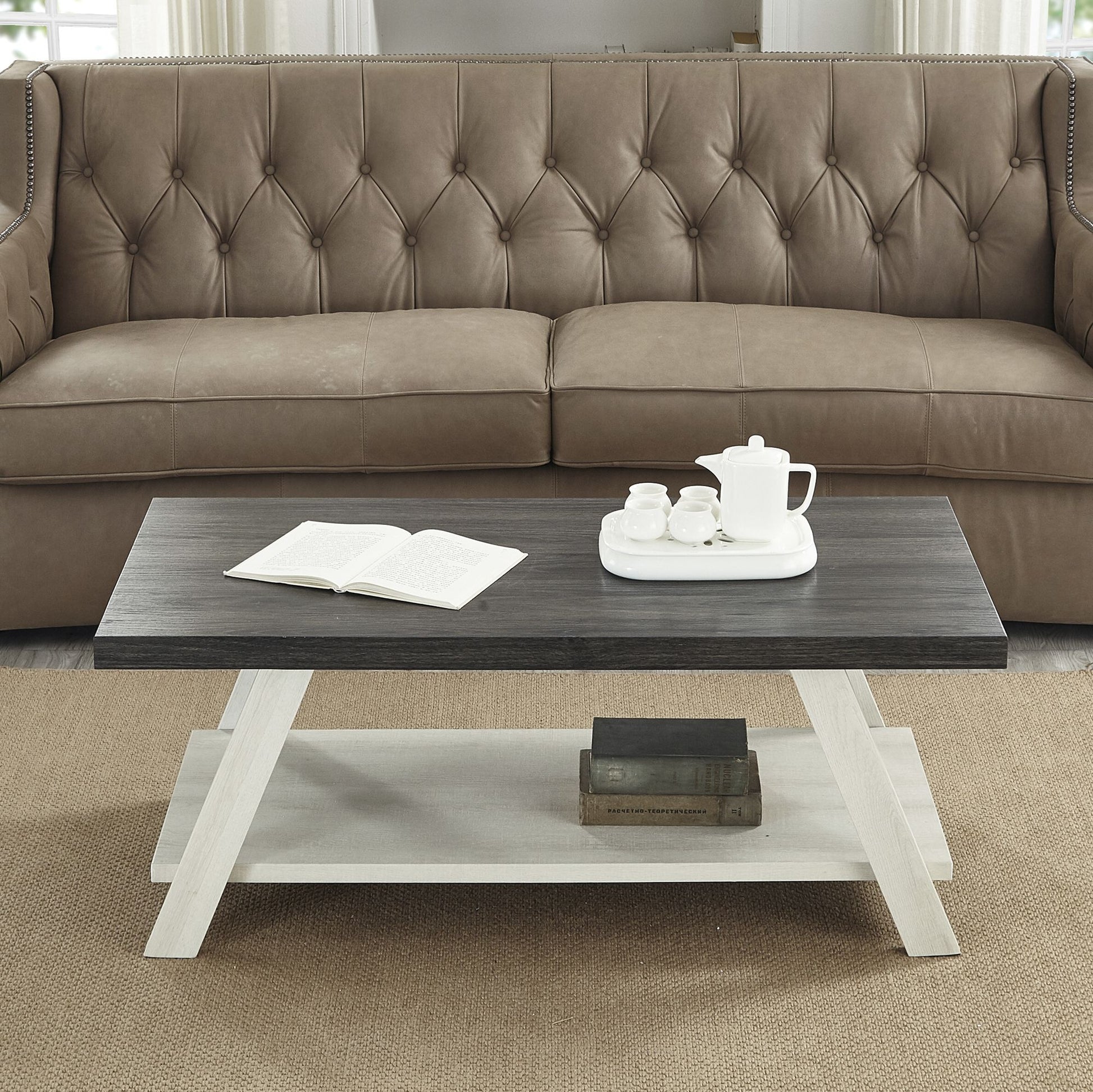 Athens Contemporary Two-Tone Wood Shelf Coffee Table in Weathered Charcoal and Beige image 1