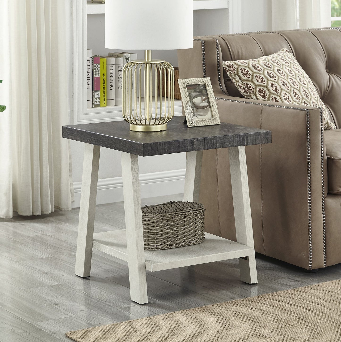 Athens Contemporary Two-Tone Wood Shelf End Table in Weathered Charcoal and Beige image 1