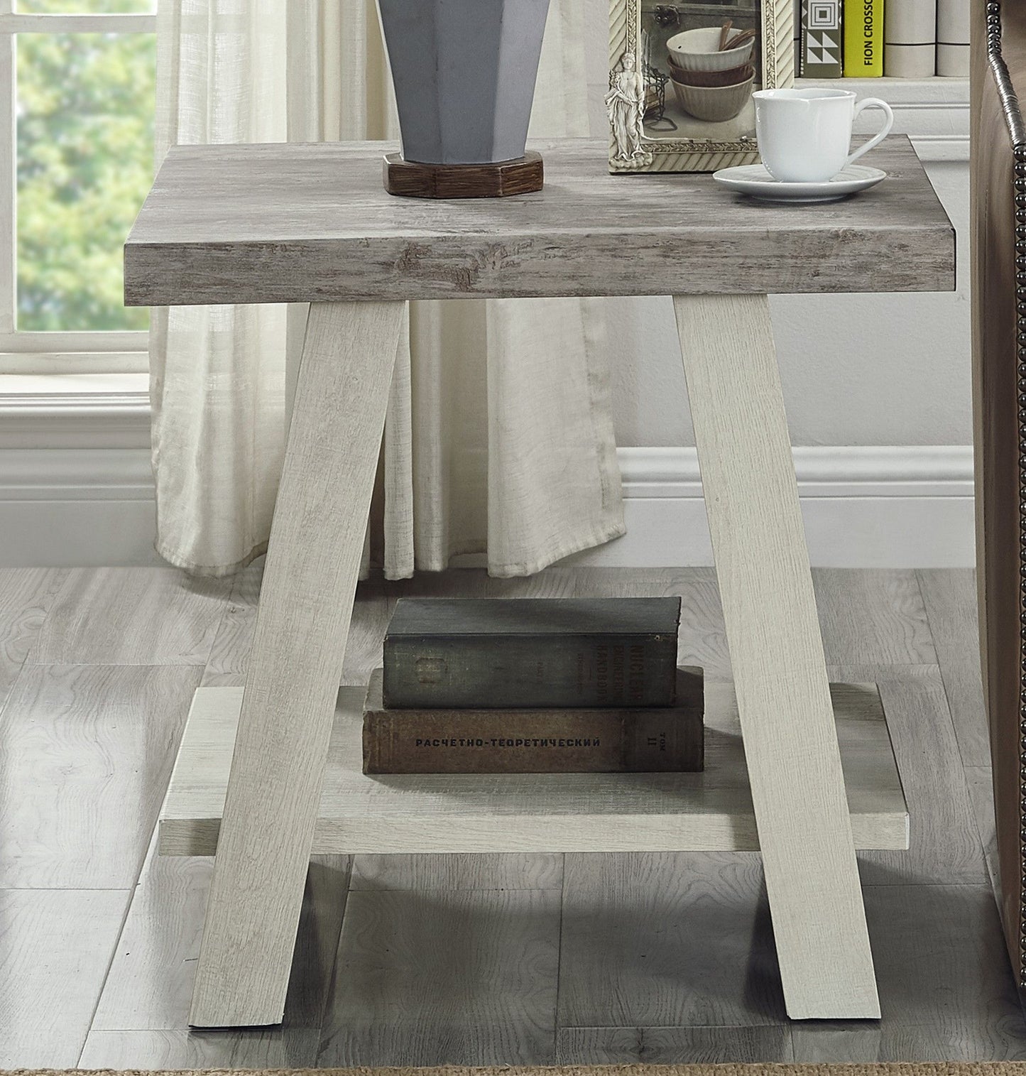 Athens Contemporary Two-Tone Wood Shelf End Table in Weathered Gray and Beige image 5