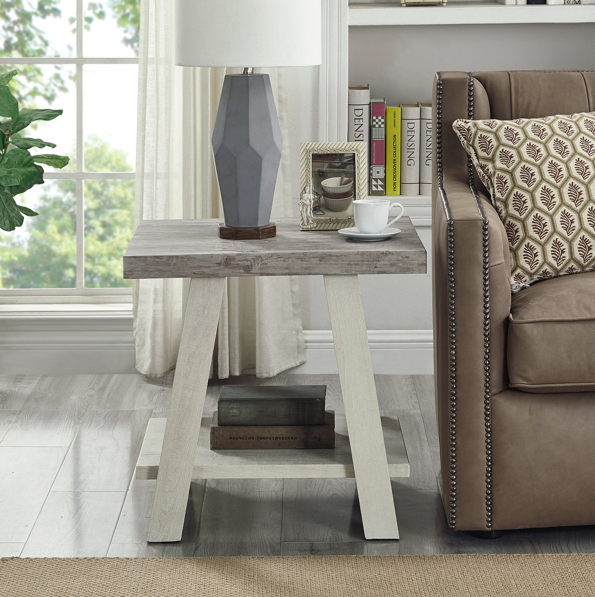 Athens Contemporary Two-Tone Wood Shelf End Table in Weathered Gray and Beige image 2