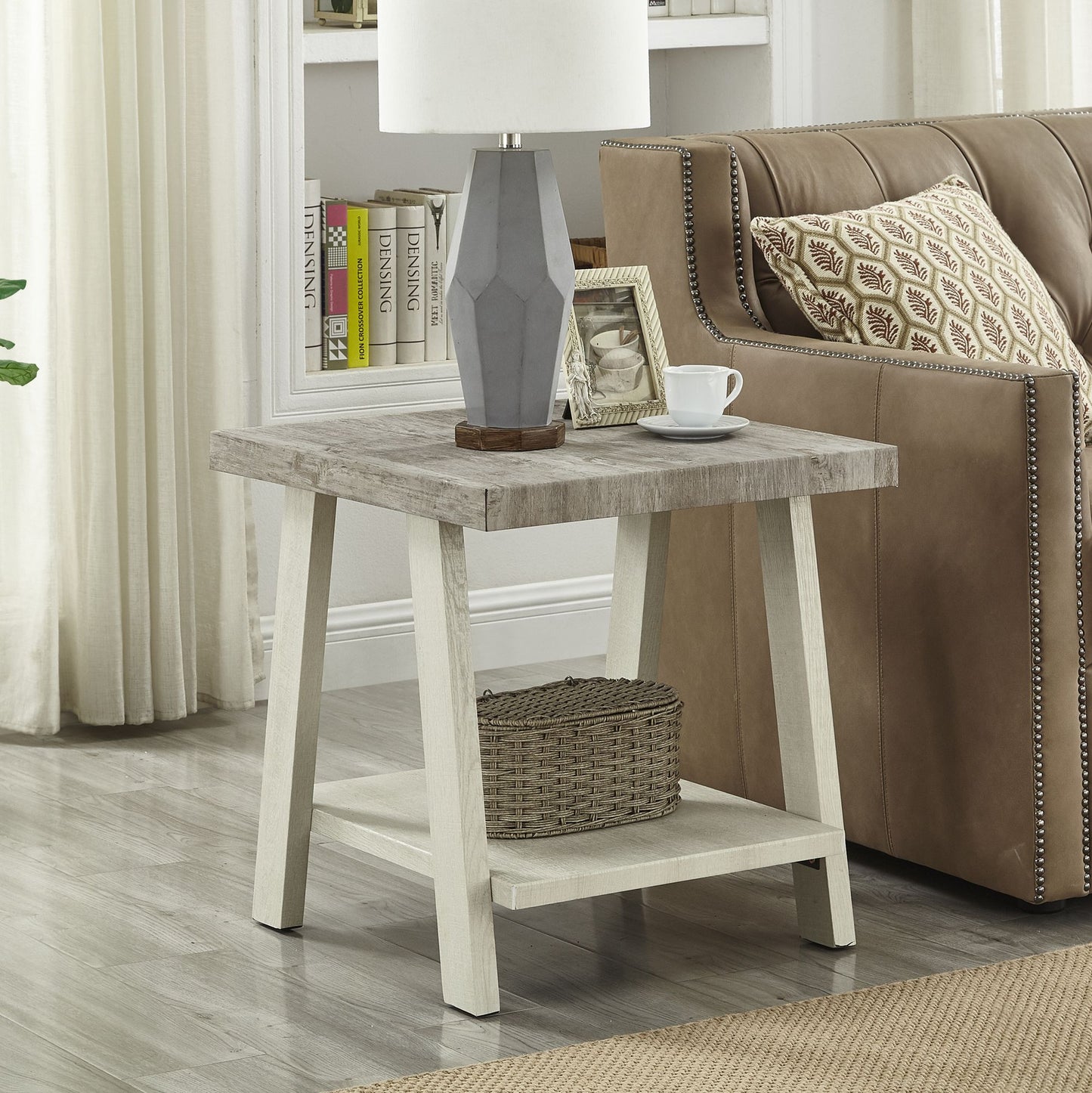 Athens Contemporary Two-Tone Wood Shelf End Table in Weathered Gray and Beige image 1