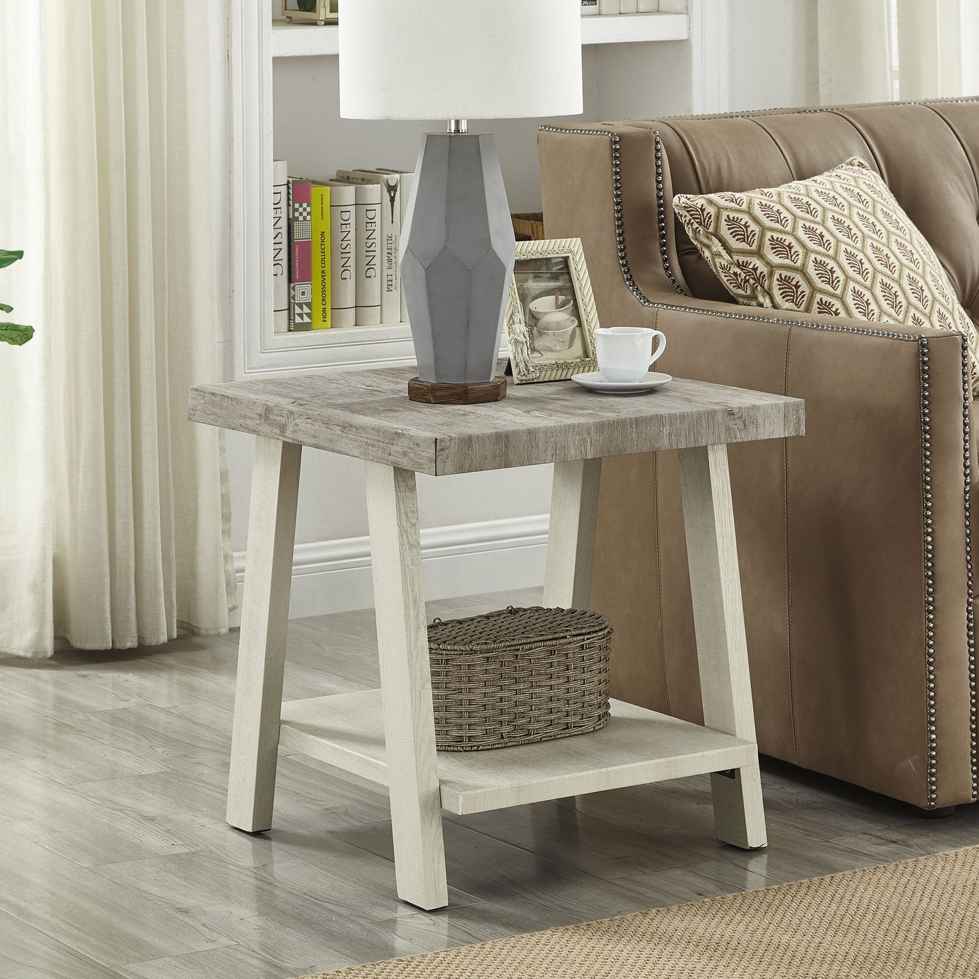 Athens Contemporary Two-Tone Wood Shelf End Table in Weathered Gray and Beige image 1