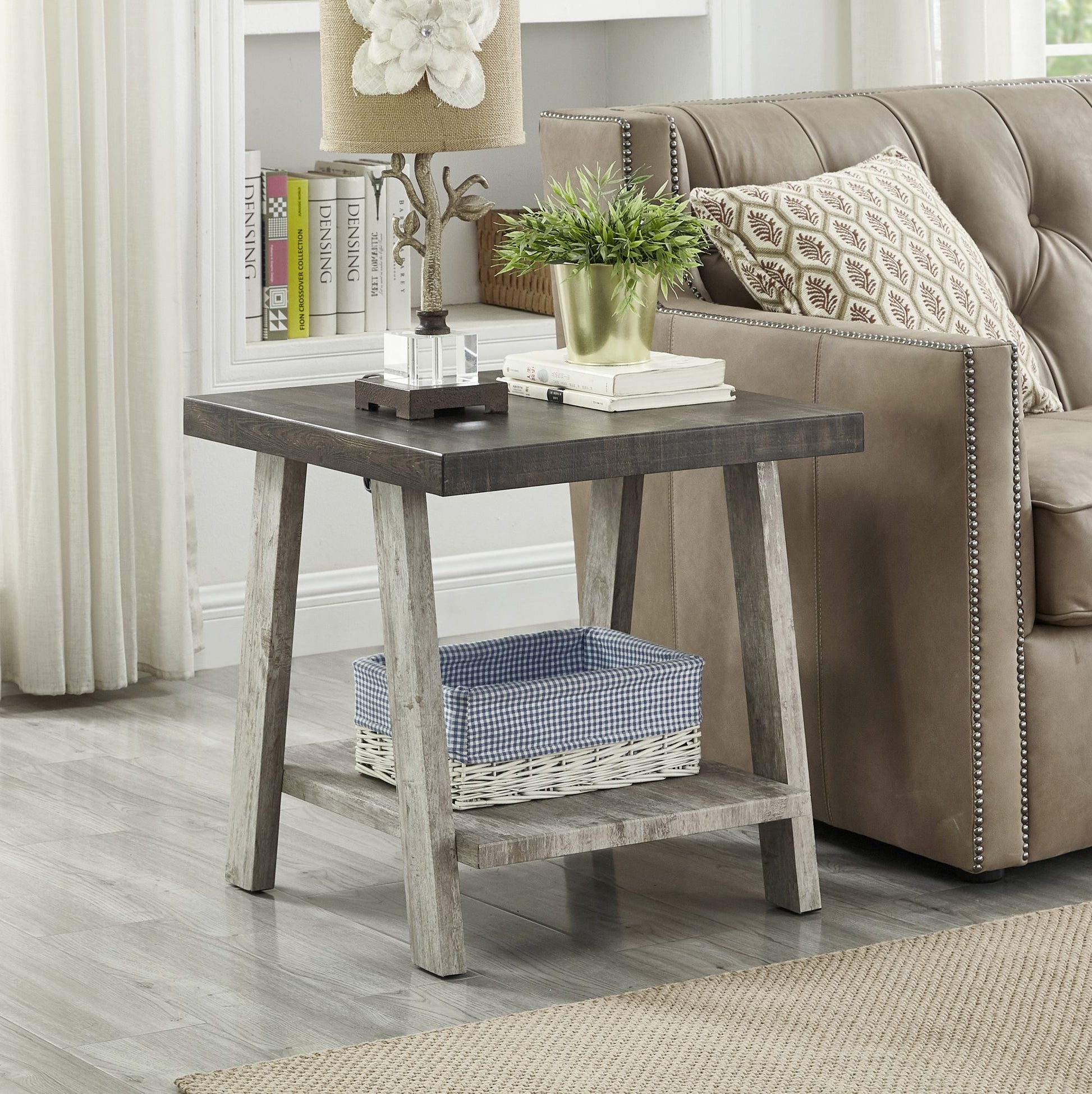 Athens Contemporary Two-Tone Wood Shelf End Table in Weathered Walnut and Gray image 1