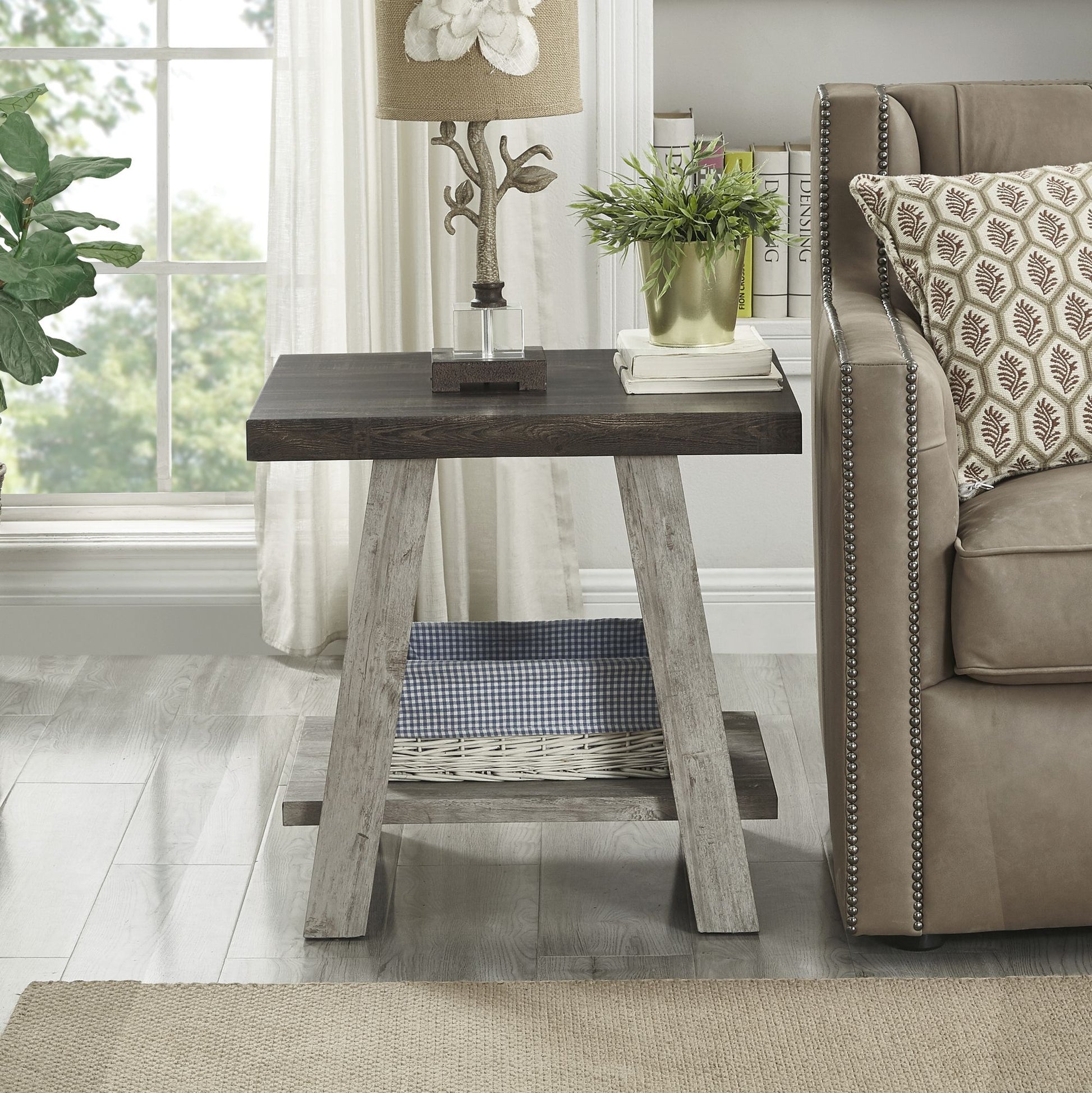 Athens Contemporary Two-Tone Wood Shelf End Table in Weathered Walnut and Gray image 2