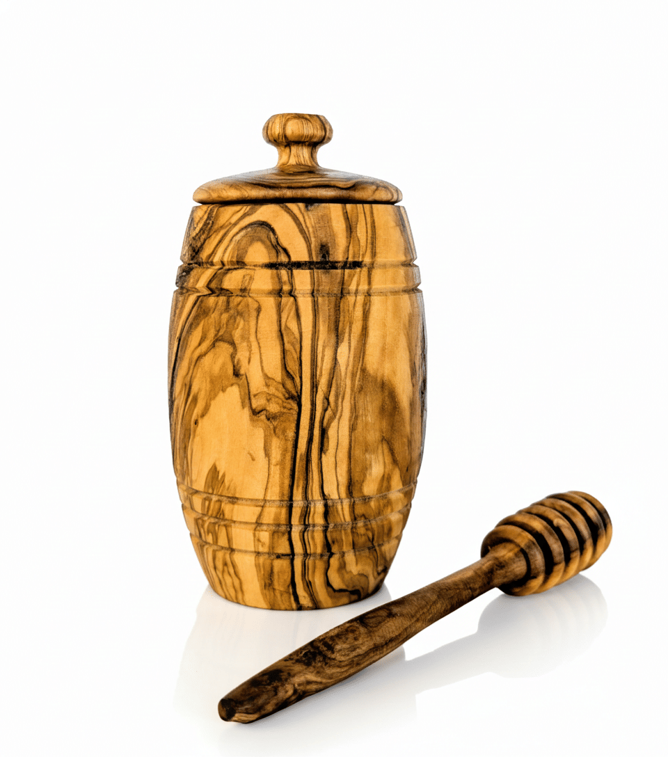 Authentic Olive Wood Honey Pot with Wooden Dipper Set - Hand-Carved Elegant Kitchen Storage Jar and Decorative Honey Dis image 1
