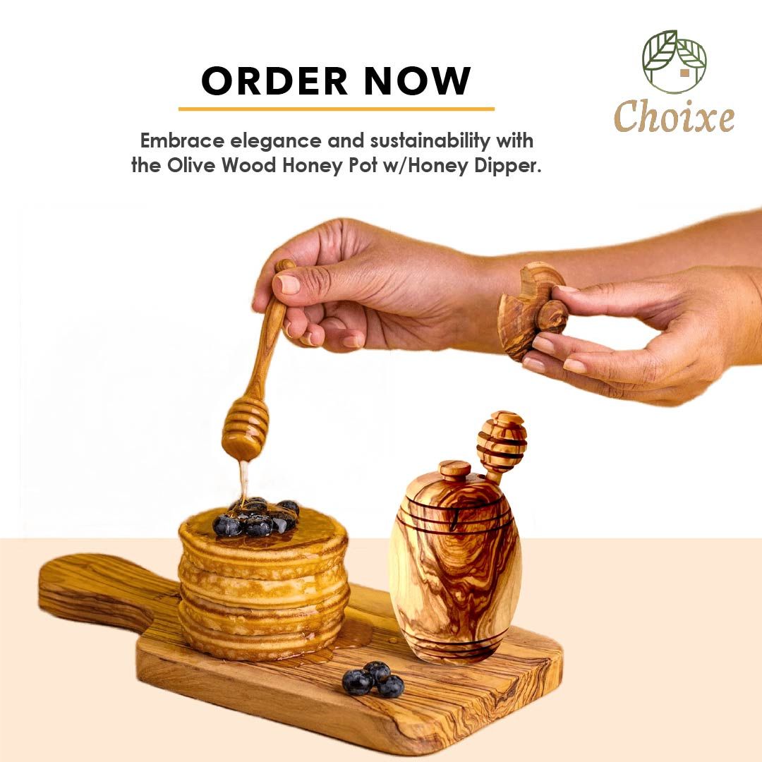 Authentic Olive Wood Honey Pot with Wooden Dipper Set - Hand-Carved Elegant Kitchen Storage Jar and Decorative Honey Dis image 6