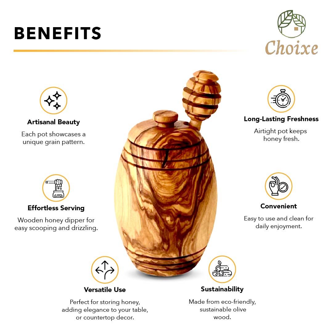 Authentic Olive Wood Honey Pot with Wooden Dipper Set - Hand-Carved Elegant Kitchen Storage Jar and Decorative Honey Dis image 5