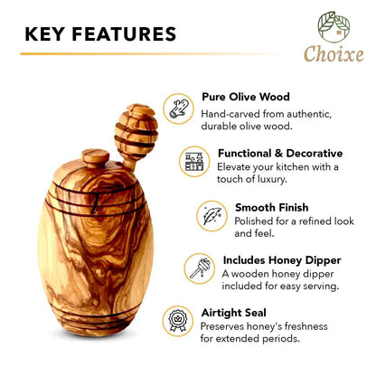 Authentic Olive Wood Honey Pot with Wooden Dipper Set - Hand-Carved Elegant Kitchen Storage Jar and Decorative Honey Dis image 4