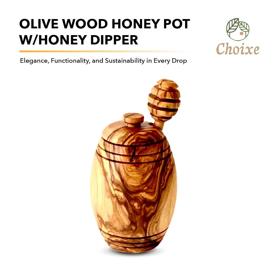 Authentic Olive Wood Honey Pot with Wooden Dipper Set - Hand-Carved Elegant Kitchen Storage Jar and Decorative Honey Dis image 3