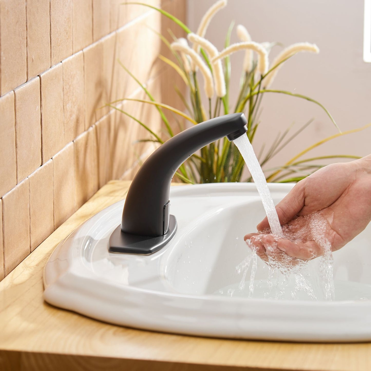 Automatic Sensor Touchless Bathroom Sink Faucet With Deck Plate In Matte Black image 1