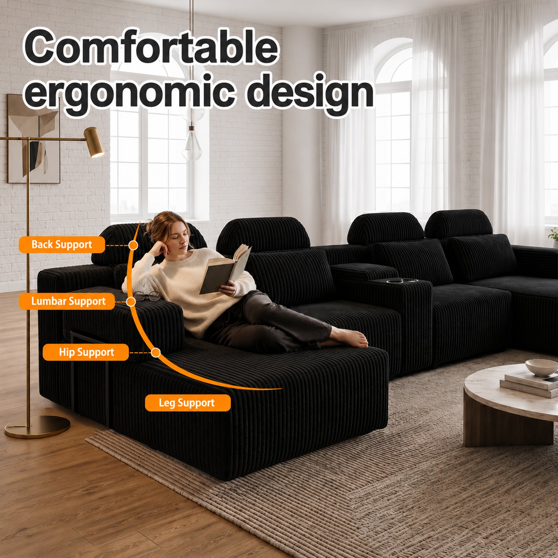 Modern Black corduroy 6-seater U-shaped sofa with lounge chair and cup holder -145.7 inch oversized modular compression sofa, suitable for home theaters, luxury living spaces, tool free assembly image 3