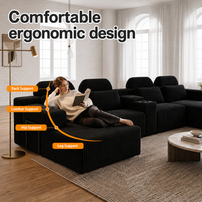 Modern Black corduroy 6-seater U-shaped sofa with lounge chair and cup holder -145.7 inch oversized modular compression sofa, suitable for home theaters, luxury living spaces, tool free assembly image 3