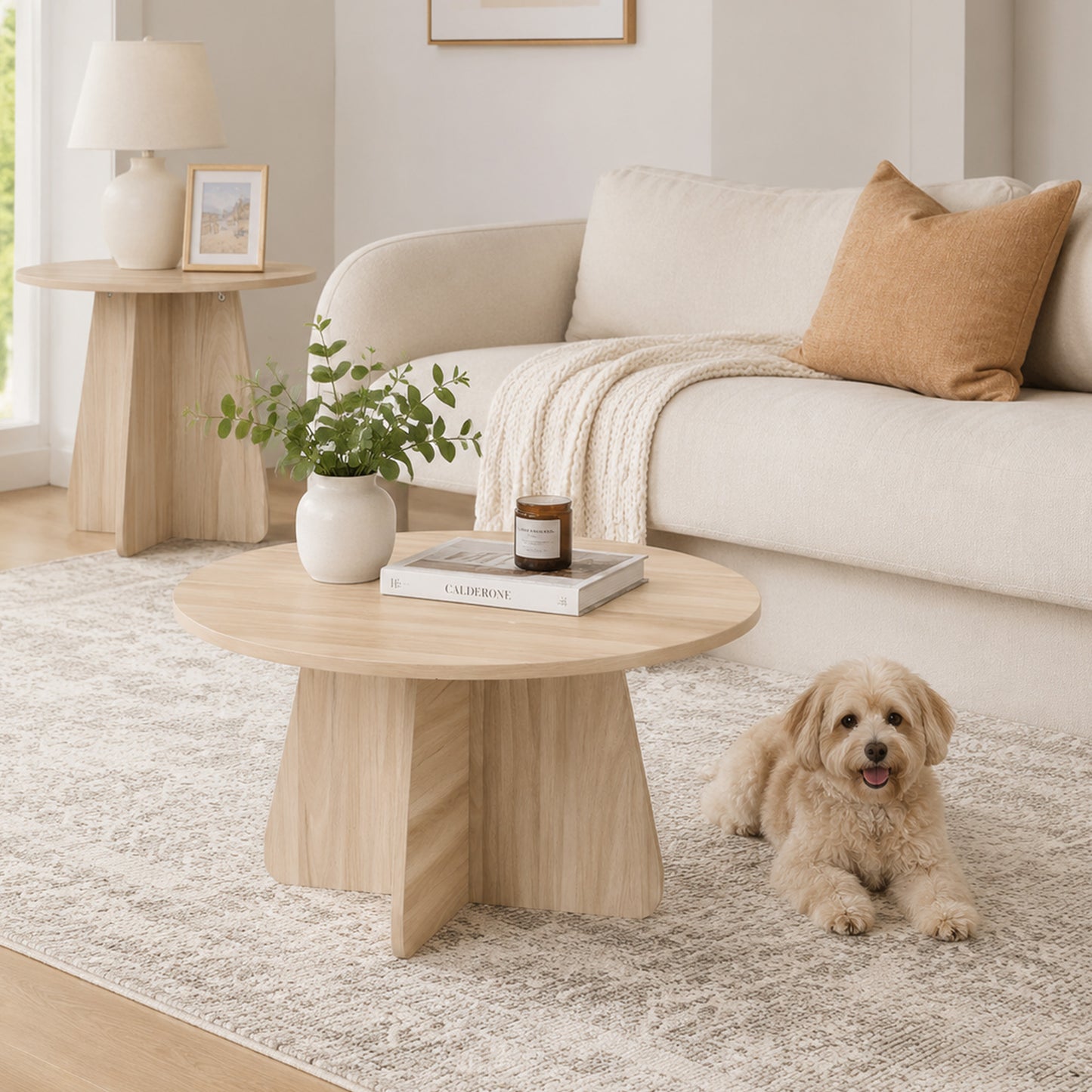 Retro-style nesting coffee table set. Available in walnut or natural wood finishes. Round nesting side tables with crisscross legs. Ideal for living rooms and dining rooms. image 4