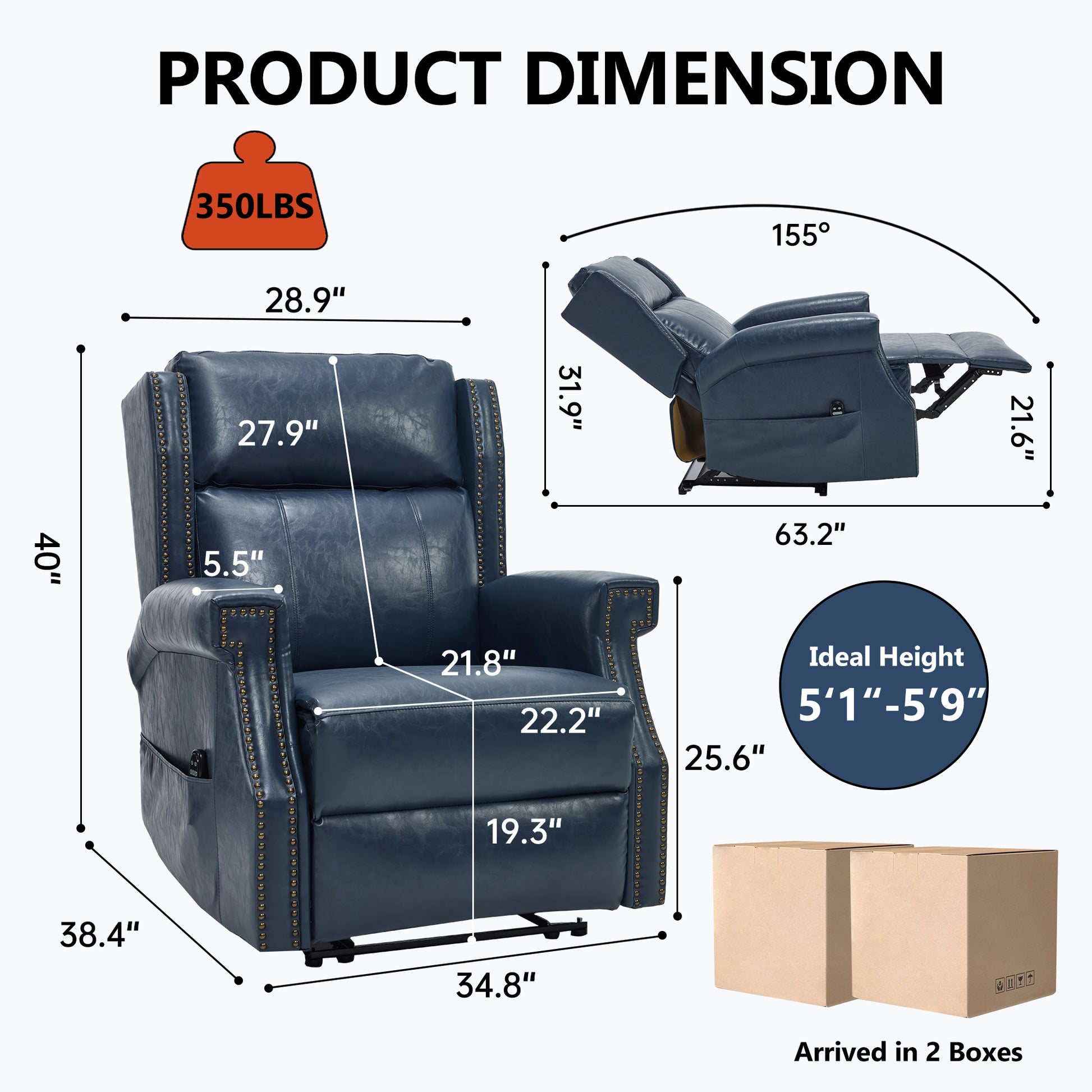 Blue Manual Recliner Chair in Faux Leather for Living Room with Heavy Duty Motion Mechanism, 8 vibrating nodes and 3 massage modes. image 2