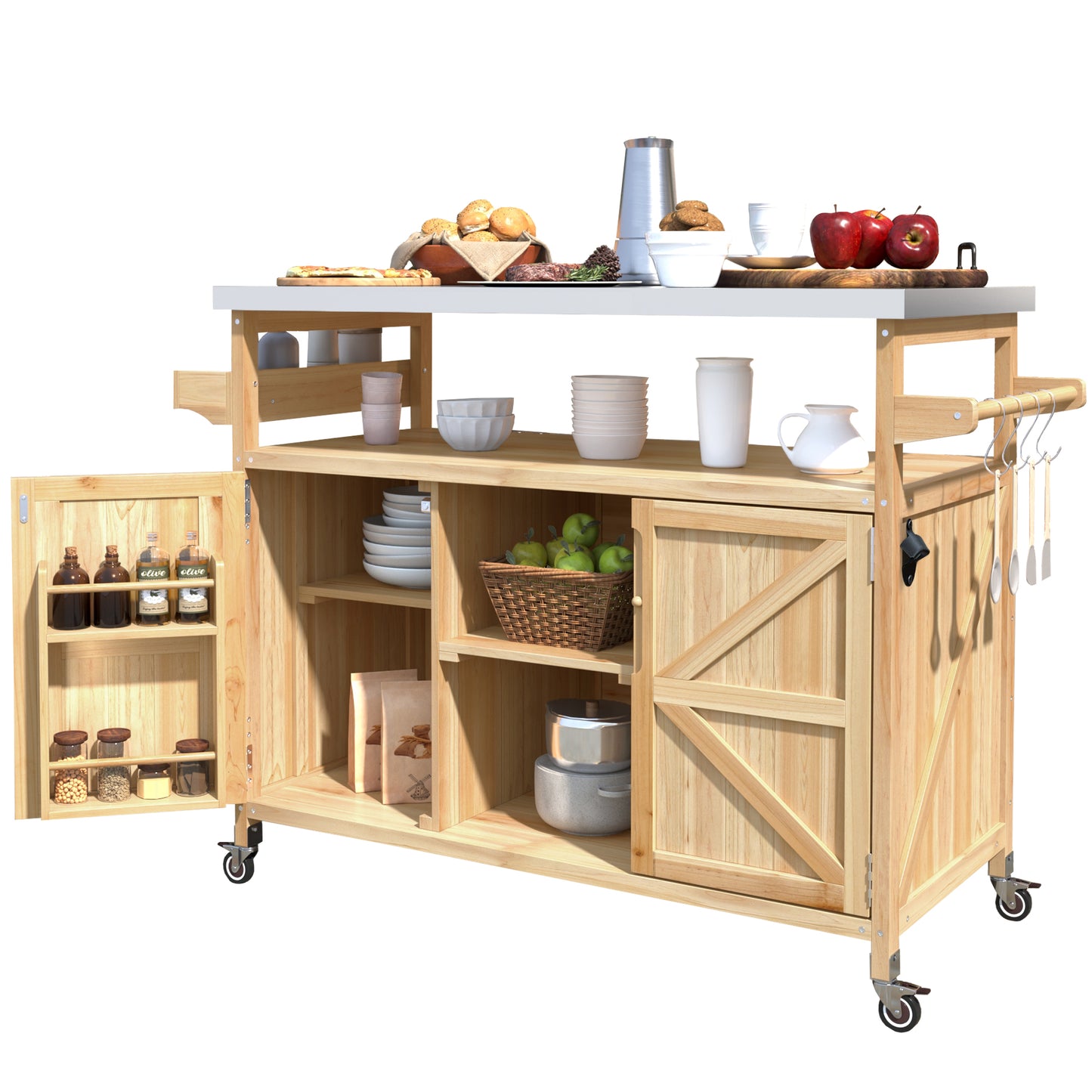 K&K Outdoor Kitchen Island, Rolling Bar Cart & Storage Cabinet, Farmhouse Solid Wood Outdoor Grill Table with Stainless Steel Top, Spice Rack, Towel Rack for Kitchen & BBQ, Natural image 11
