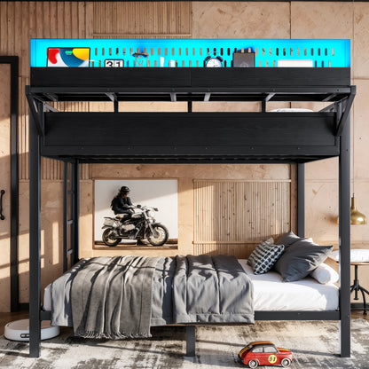 Full over Full Size Metal Bunk Bed with Storage Shelves and Pegboard, Bunk Bed Frame with USB Ports and LED Lights, Space-Saving, for Teens and Adults, Black image 4