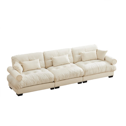 Extra Large 3 Seat Modern Velvet Sofa, Oversize Sofa, Clould Like Comfortable Seat and Back Support, With Waist Pillows and Throw Pillows, Cream image 12