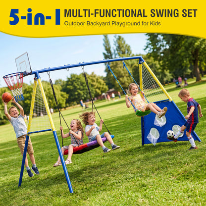 5-in-1 Kids Swing Set with Saucer Swing, Belt Swing, Basketball Hoop & Soccer Goal, Heavy Duty Metal Frame Backyard Playground for Toddlers & Kids Ages 3-10 image 9