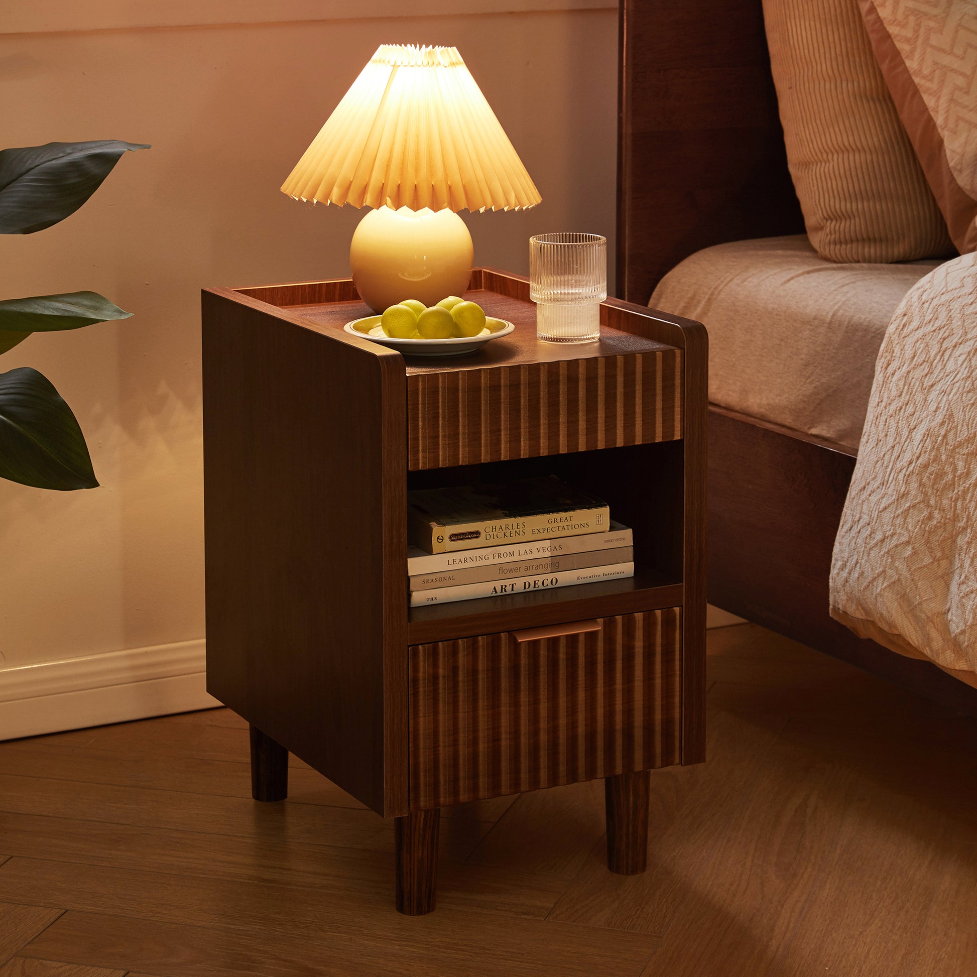 Walnut Brown Fluted Wood Nightstands with Drawer and Open Storage, 2 Pack Modern Bedroom Bedside Side End Tables for Living Room Home Decor image 6