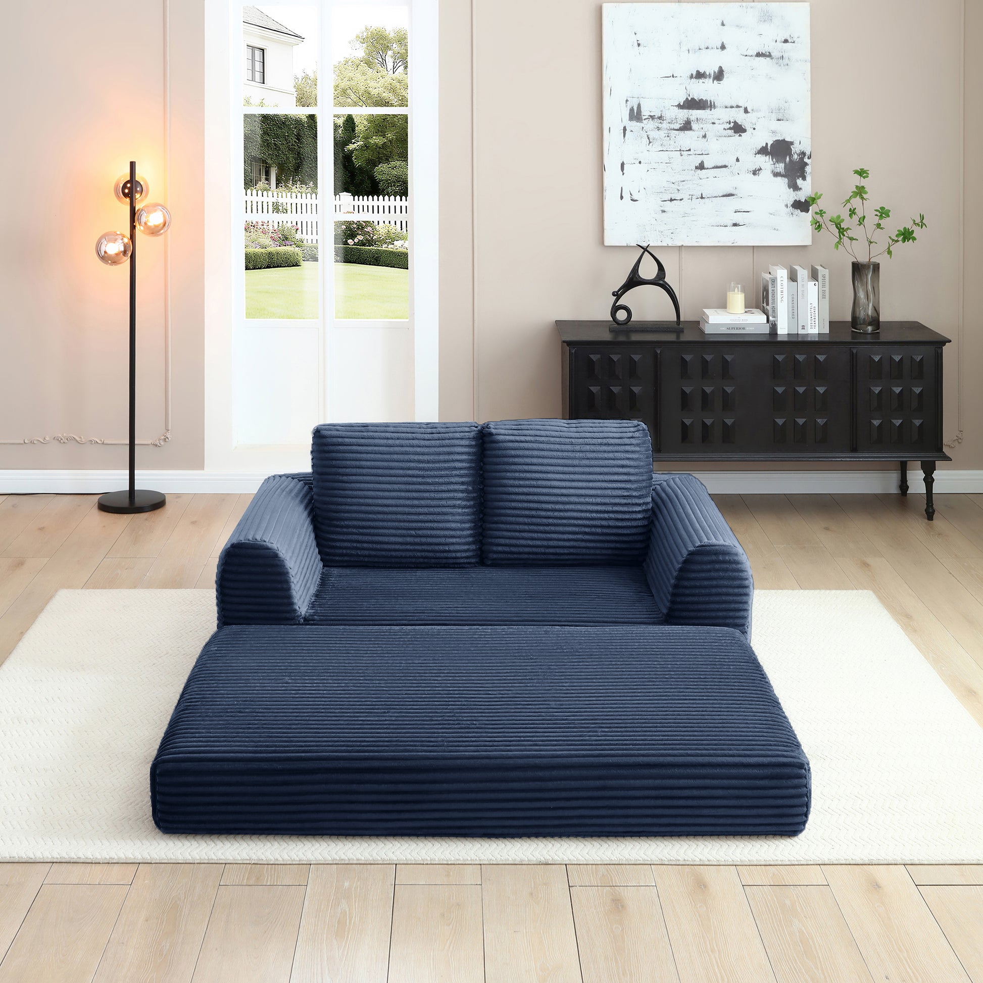 2-in-1 Folding Convertible Sofa Bed, Modern Corduroy Sleeper Couch with 2*pillows, Futon Modular Upholstered Boneless Loveseat with Pull-Out Bed,Folding Floor Modular Couch for Living Room Blue image 2