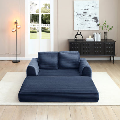 2-in-1 Folding Convertible Sofa Bed, Modern Corduroy Sleeper Couch with 2*pillows, Futon Modular Upholstered Boneless Loveseat with Pull-Out Bed,Folding Floor Modular Couch for Living Room Blue image 2